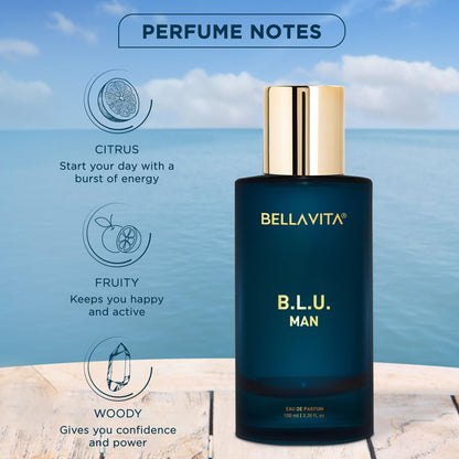 Bellavita Premium B.l.u. Man Eau De Perfume by Wukusy, 100ml bottle with sleek design and elegant packaging.