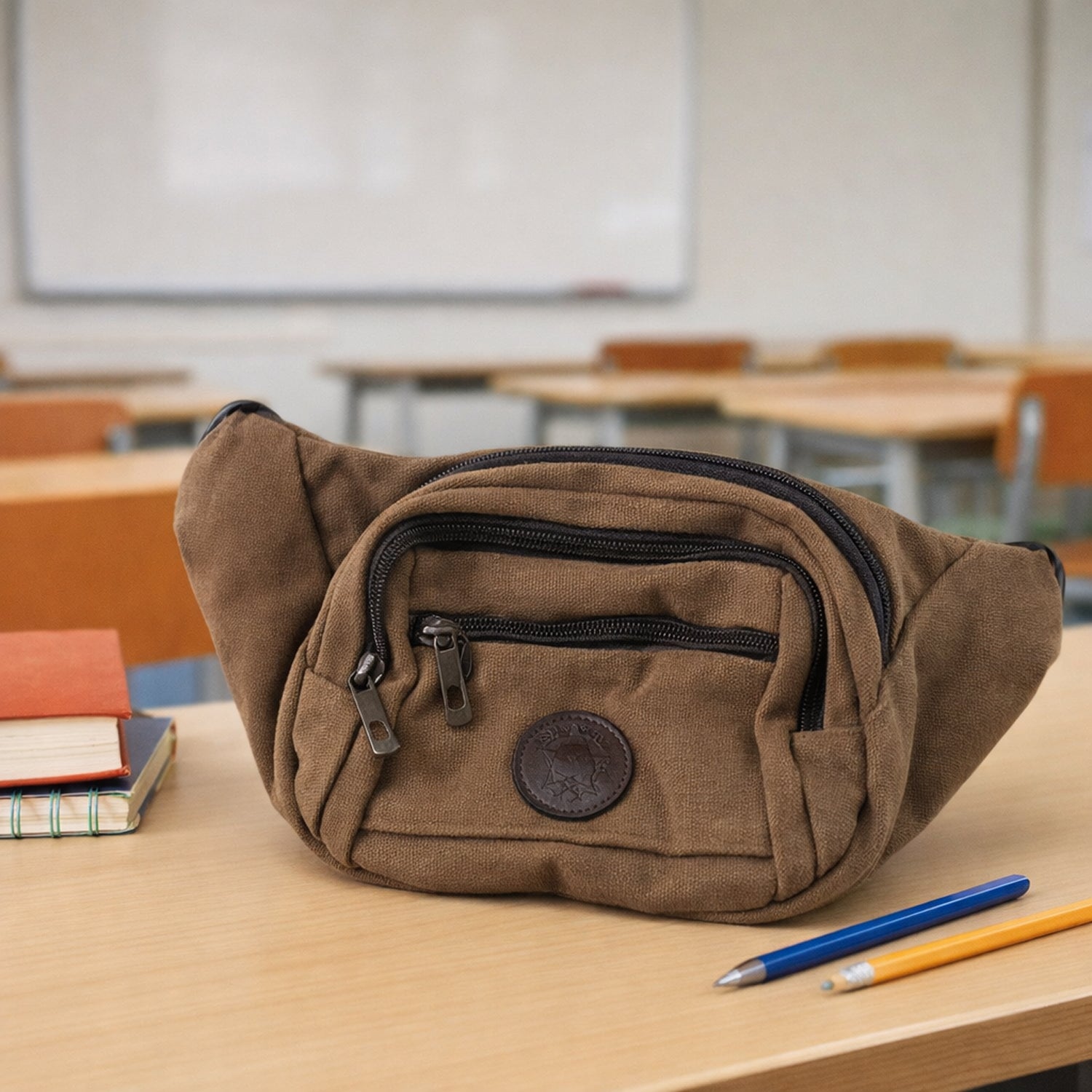 Stylish Wukusy canvas waist bag for men and women with adjustable strap and multiple compartments, perfect for casual use.