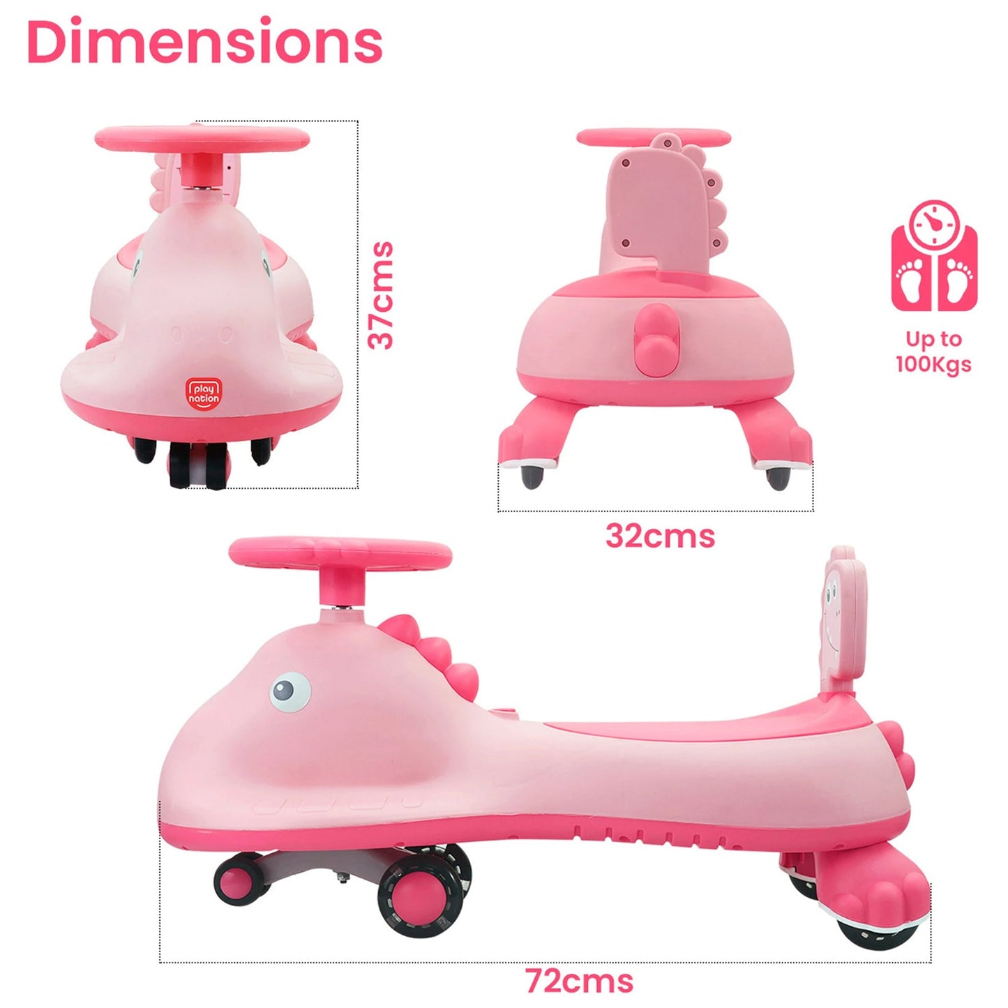 Pink shark design kids swing car ride-on toy with music, featuring a magic twist for children by Wukusy.