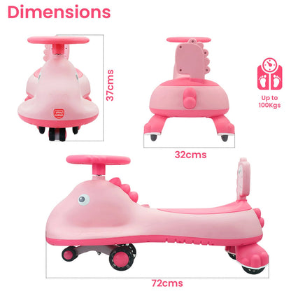 Pink shark design kids swing car ride-on toy with music, featuring a magic twist for children by Wukusy.