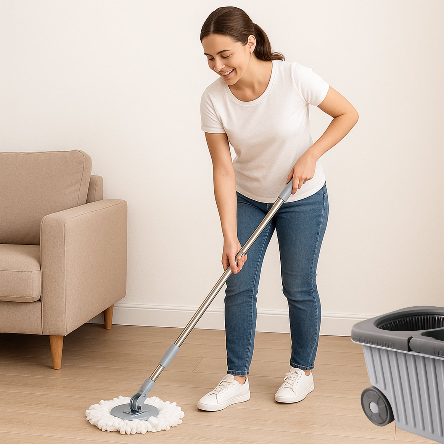 Wukusy Apex Magic Spin Mop Cleaning Set with dual chamber bucket and wheels, featuring a microfiber mop and convenient cleaning system.