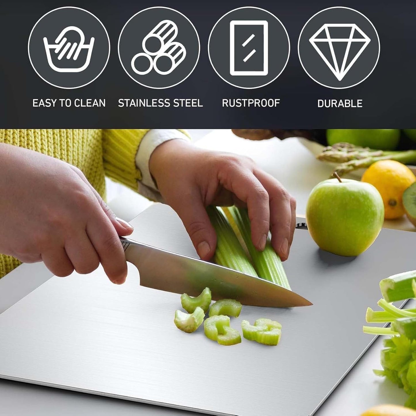 Supermom Medium Stello stainless steel chopping board from Wukusy, designed for durable food preparation in the kitchen.