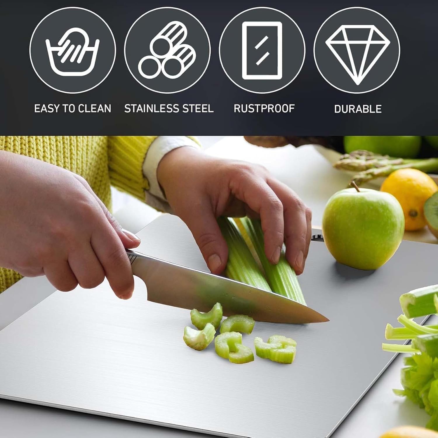 Supermom Medium Stello stainless steel chopping board from Wukusy, designed for durable food preparation in the kitchen.