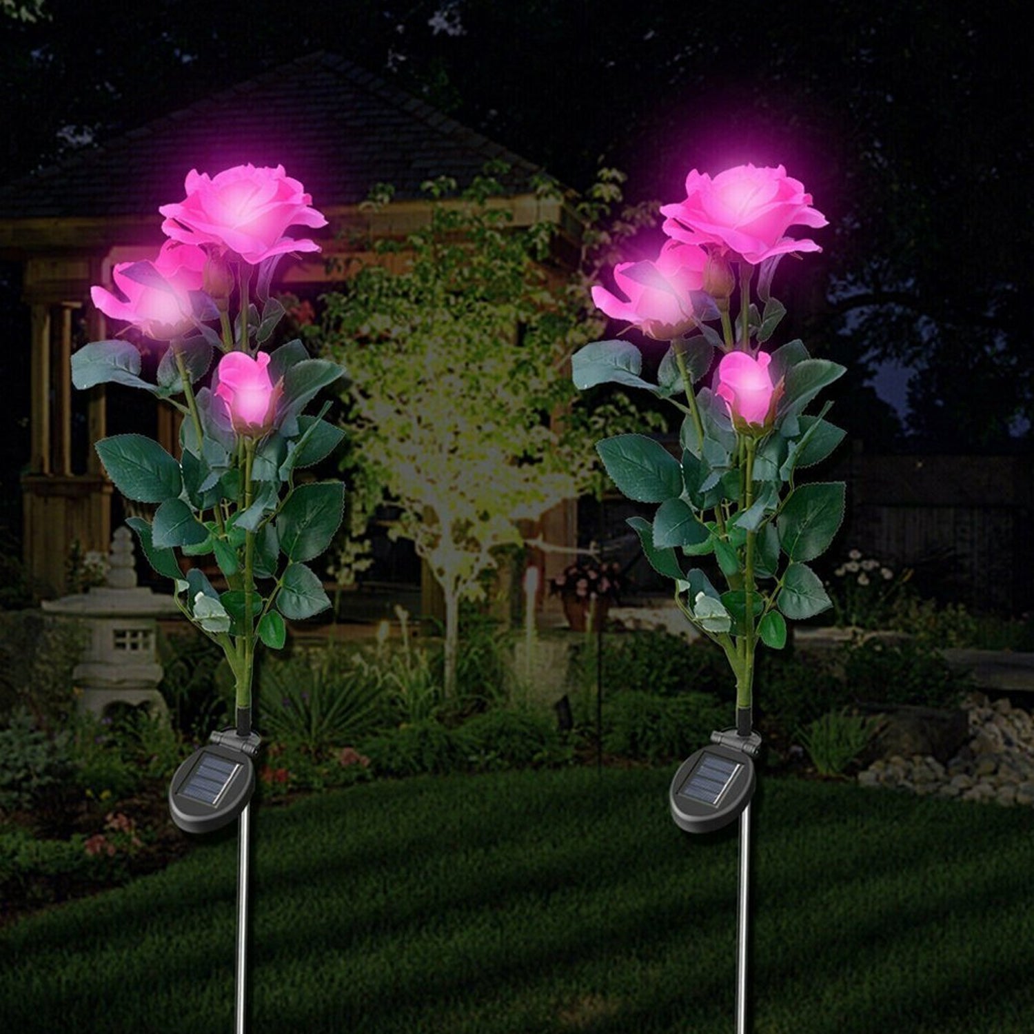 Wukusy 6616a garden solar outdoor rose lights, waterproof decorative flower lights illuminating garden patio landscape pathway yard.