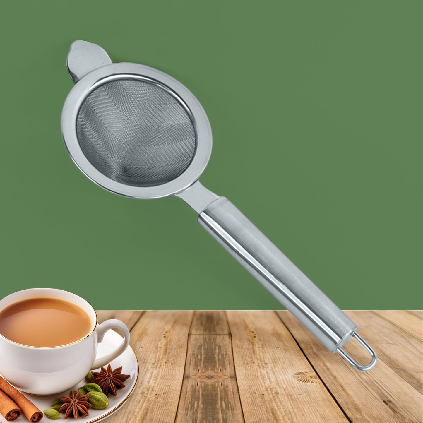 Wukusy Apex Premium Conical Tea Strainer with pipe handle for home brewing, stainless steel mesh, and ergonomic design.