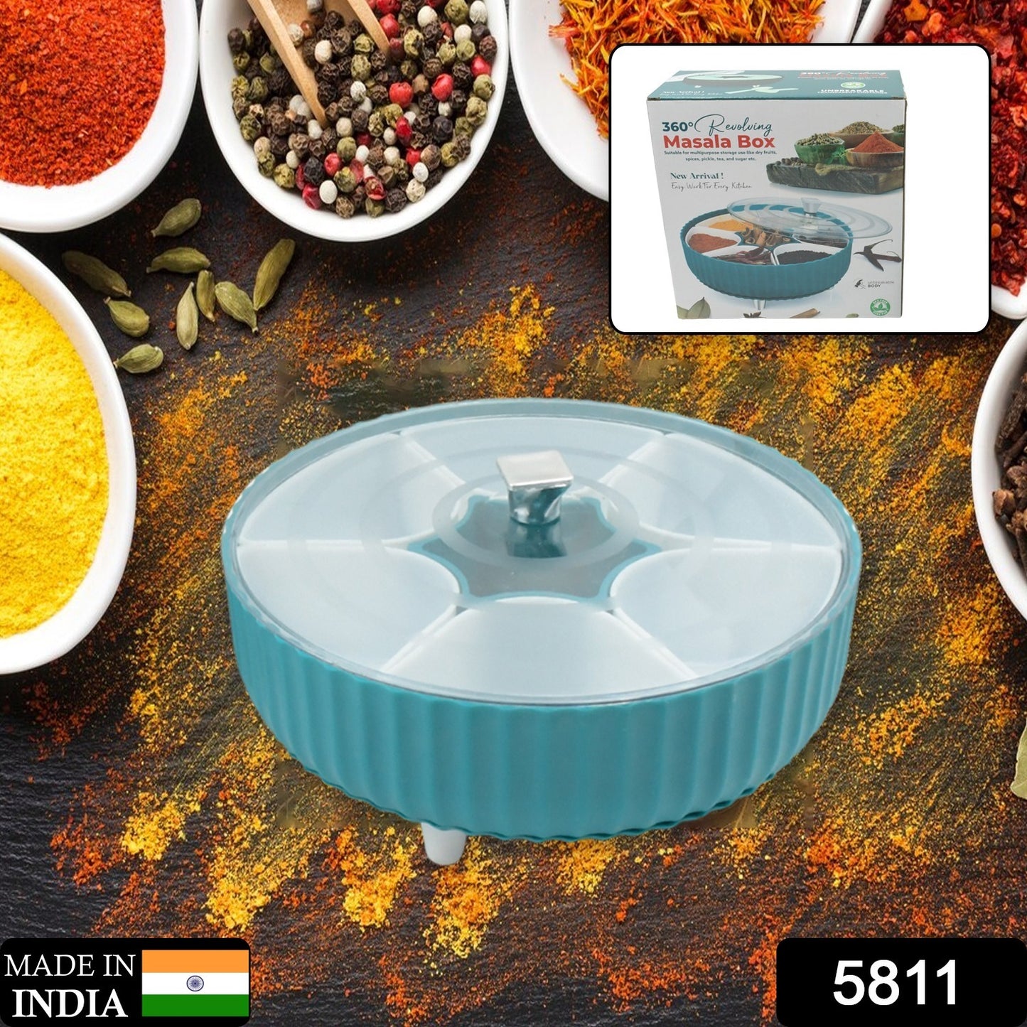 Wukusy 5811 360 Revolving Spice Box with 7 compartments for storing spices, dry fruits, pickles, tea, sugar, and kitchen essentials.