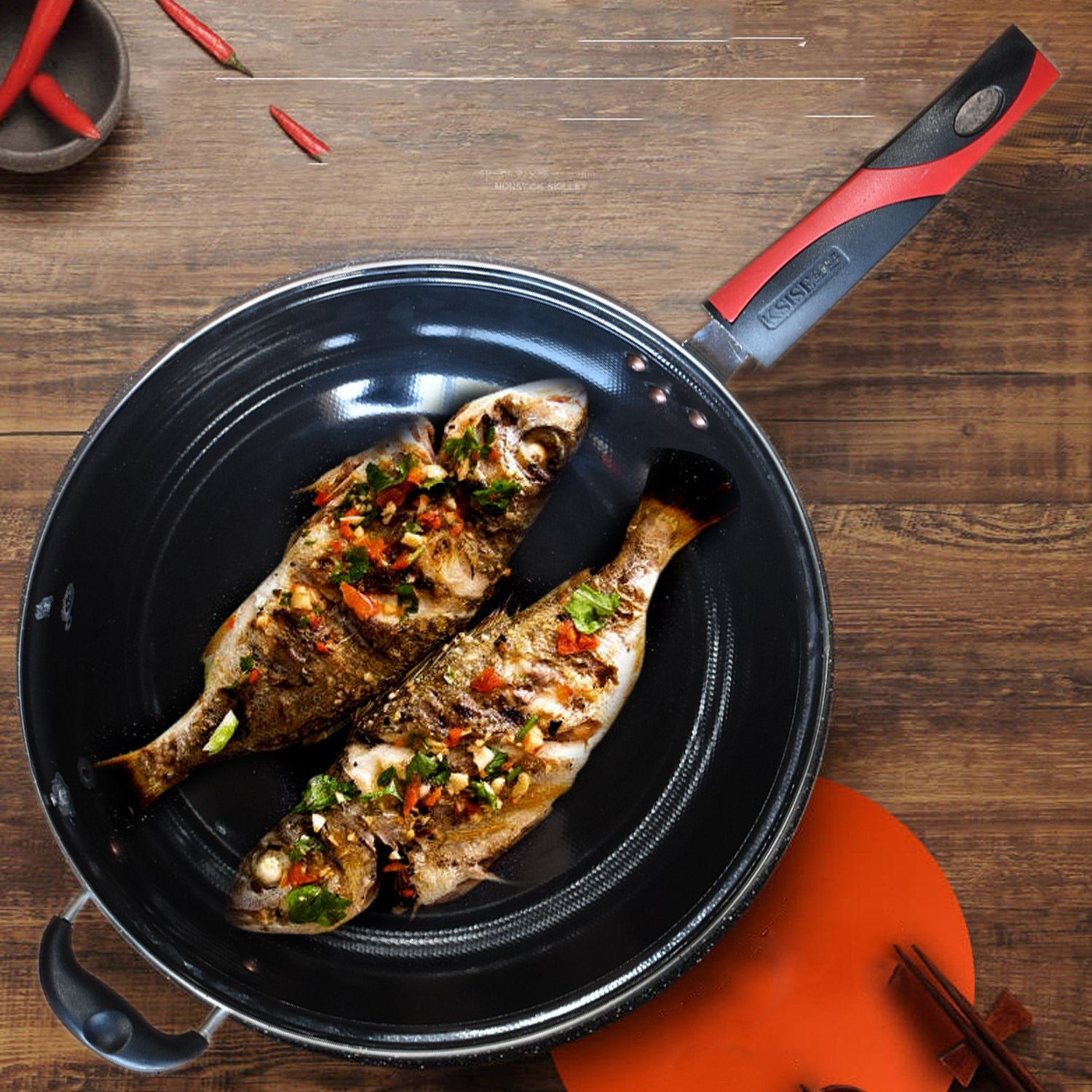 Wukusy 2496 premium aluminum fry pan with handle, ideal kitchen tool for frying and cooking meals.