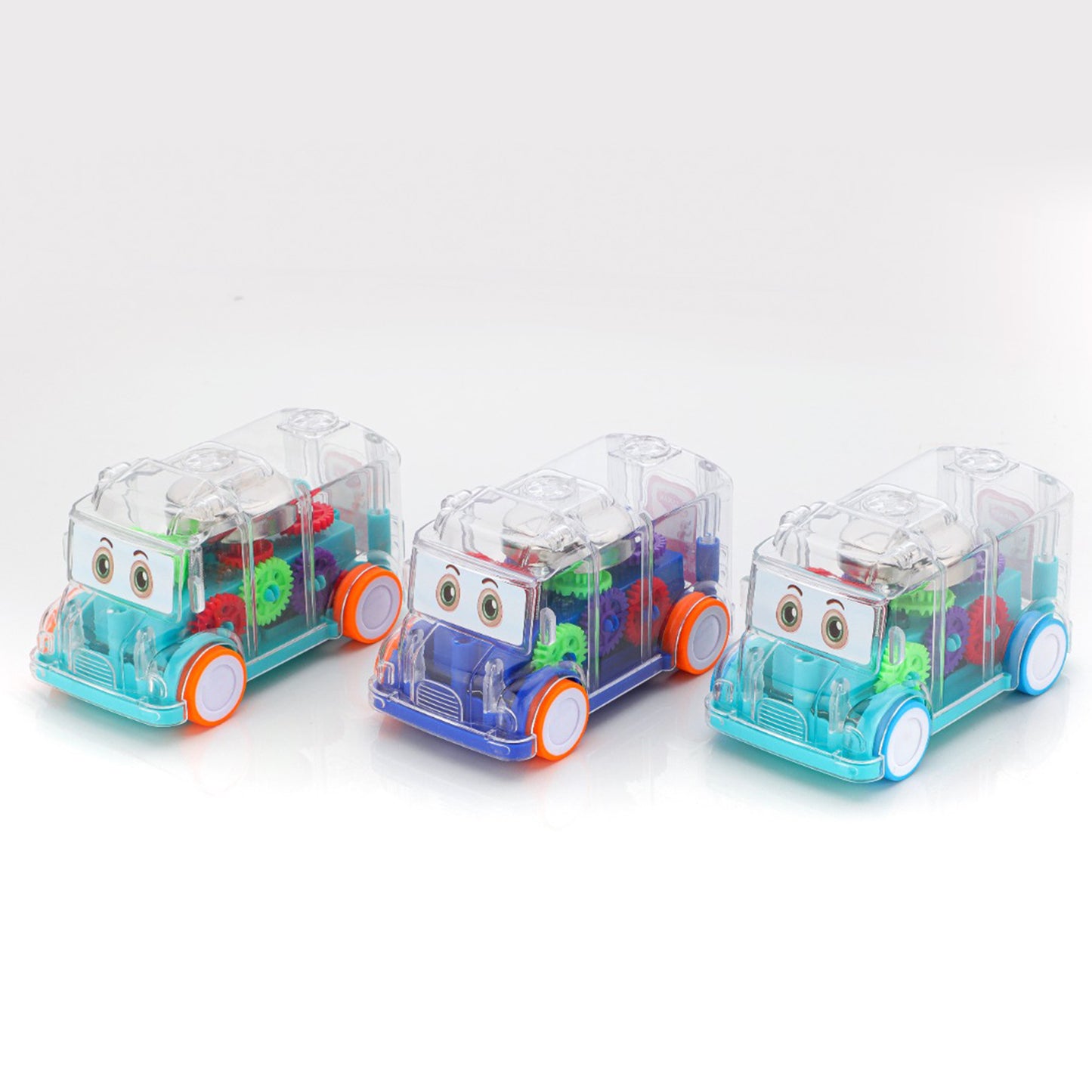 Transparent Wukusy 1996 musical mini school bus toy for kids, featuring vibrant colors and detailed design.