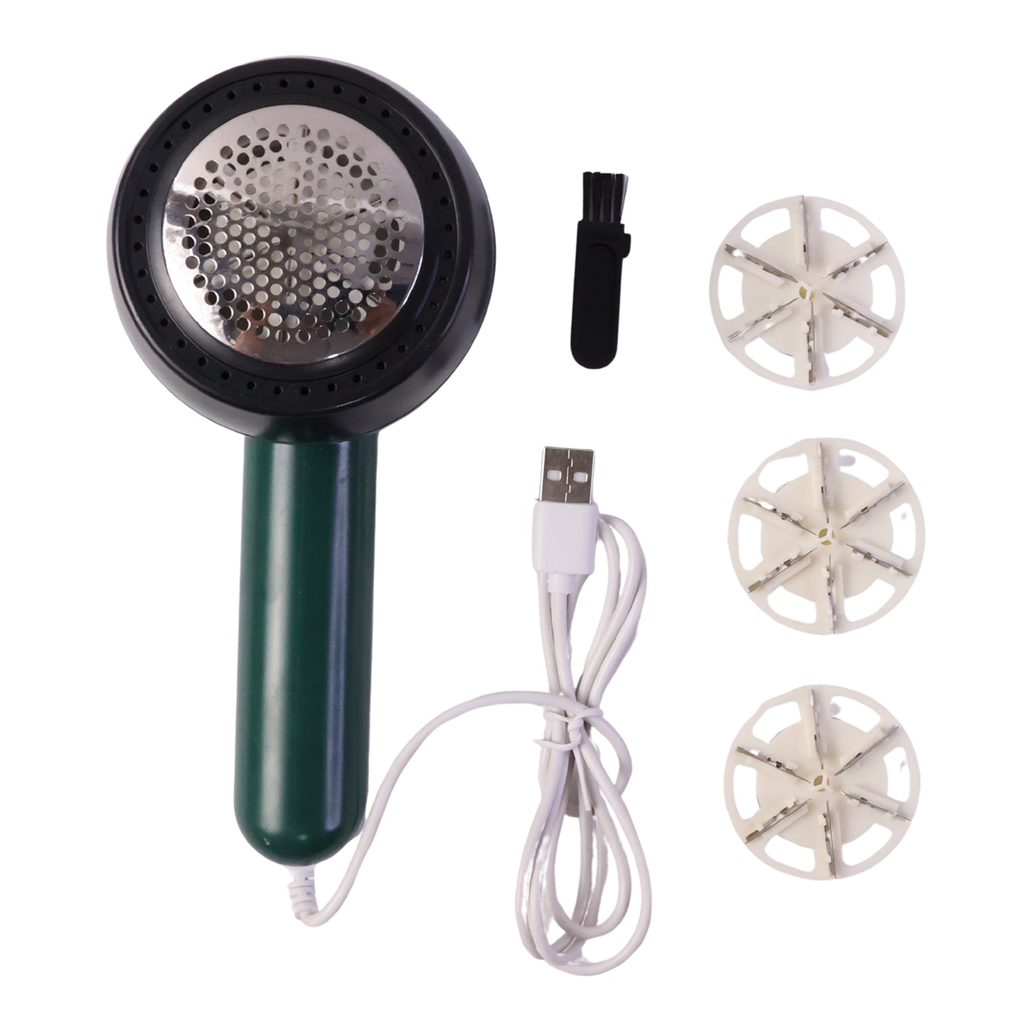 Wukusy electric lint remover with cleaning brush, handheld device for removing lint and fuzz from clothing and fabrics.