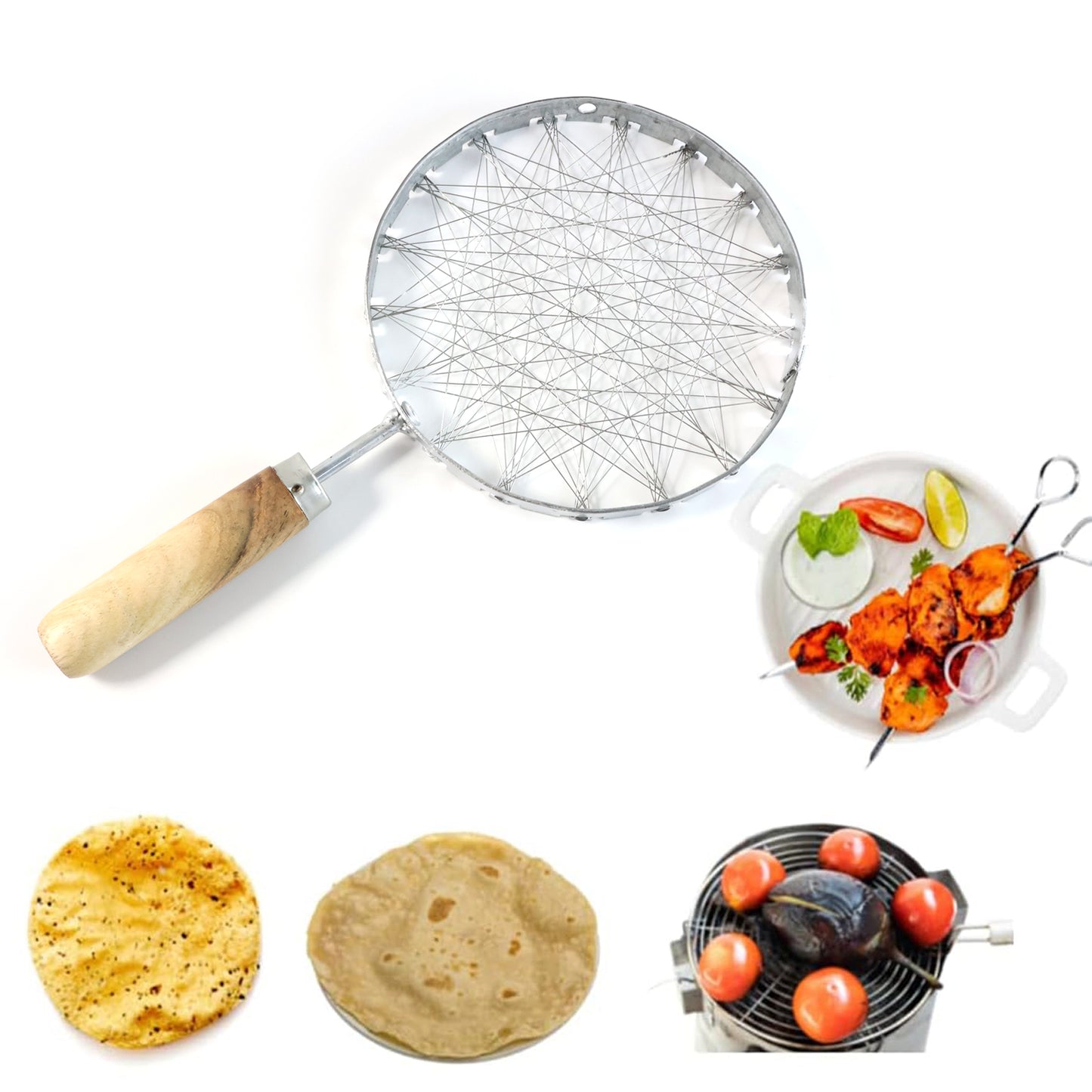 Stainless steel wire skimmer with wooden handle for home kitchen use, ideal for scooping fried foods or removing hot liquids.
