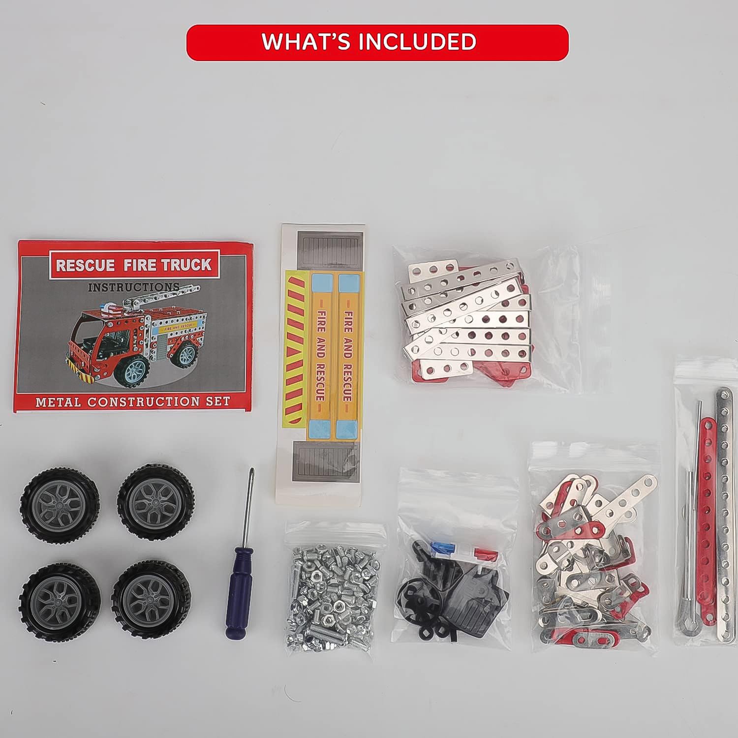 Wukusy metal DIY fire truck building blocks set for kids with 292 pieces, including truck and tool parts, for creative play.