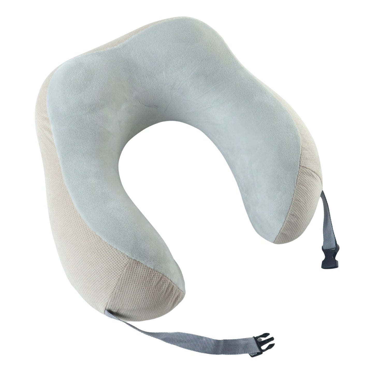 Beige U-shaped memory foam travel neck pillow with buckle strap for neck support and comfort on journeys.