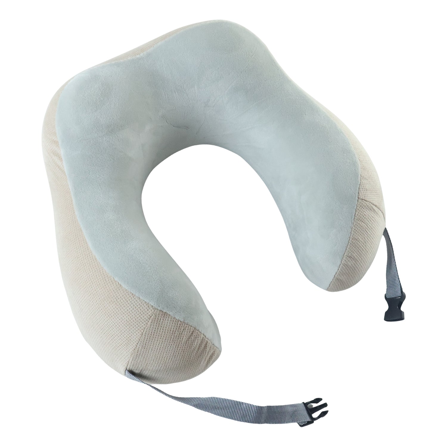 Beige U-shaped memory foam travel neck pillow with buckle strap for neck support and comfort on journeys.