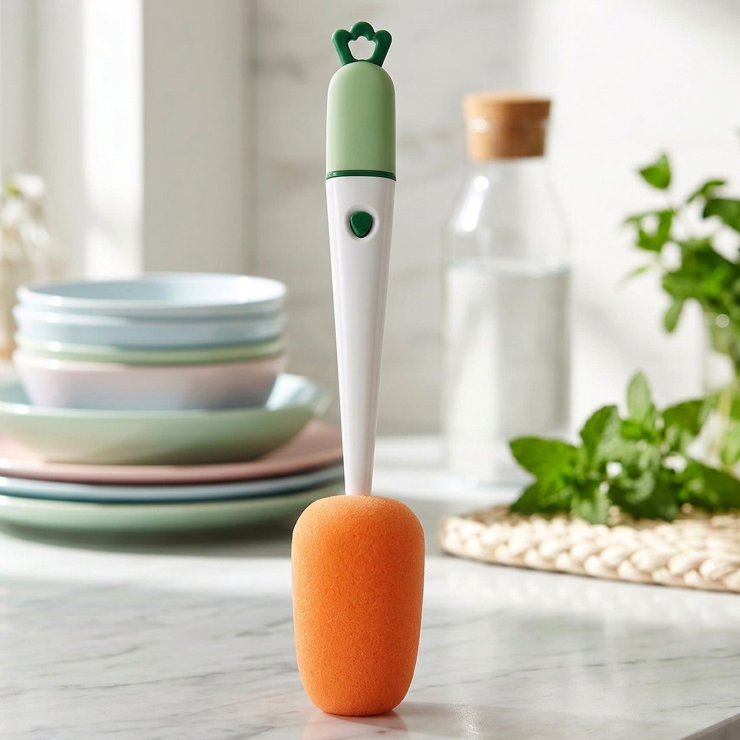 Wukusy 3-in-1 carrot-shaped cleaning brush with sponge for cups and flasks, shown in use on various drinkware.