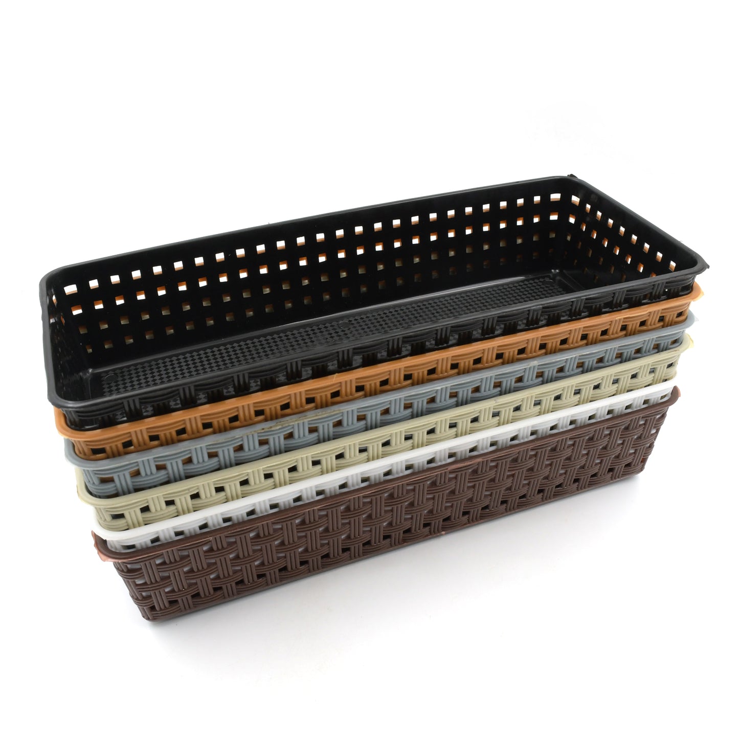 Wukusy 6-pack plastic multipurpose desk organizer trays with colorful dividers for office, kitchen, bathroom, or craft storage.