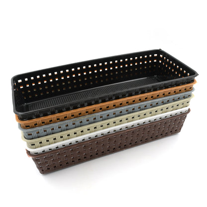 Wukusy 6-pack plastic multipurpose desk organizer trays with colorful dividers for office, kitchen, bathroom, or craft storage.