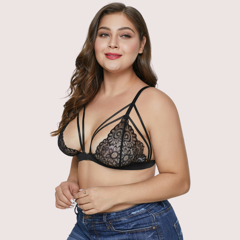 Plus size strappy lace bralette by Snazzyway featuring delicate lace details and adjustable straps for a stylish, comfortable fit.