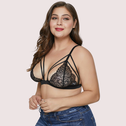 Plus size strappy lace bralette by Snazzyway featuring delicate lace details and adjustable straps for a stylish, comfortable fit.