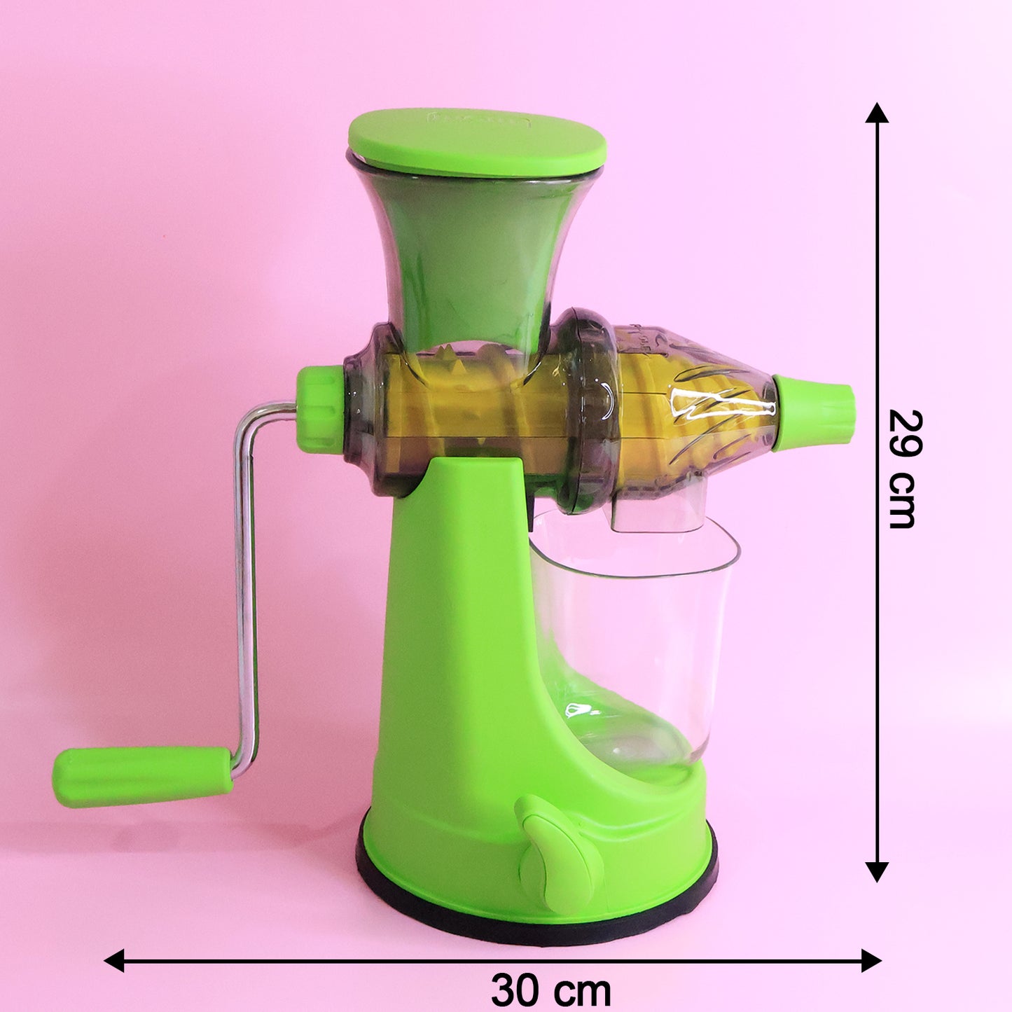 Wukusy Supermom manual multi-functional fruit and vegetable juicer on kitchen countertop, showing its compact design and hand-crank mechanism.