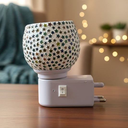 Decorative star pattern mosaic glass night lamp by Wukusy, plug-in design with a glowing star mosaic pattern.