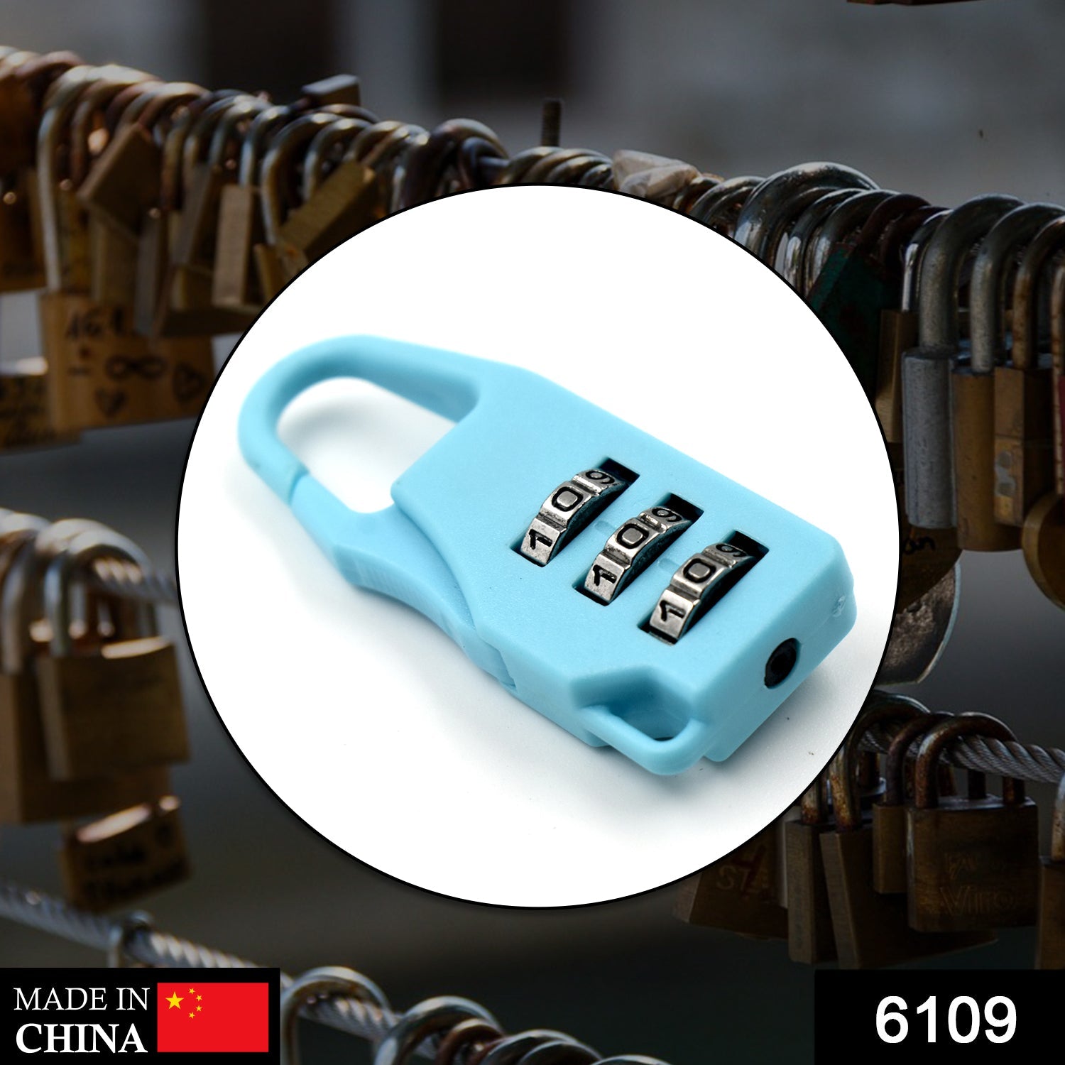 Wukusy 6109 3-digit luggage lock with key, used for securing travel luggage and bags with durable metal construction