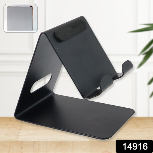 Wukusy metal universal mobile and tablet stand holder supporting devices in portrait or landscape mode on a flat surface.