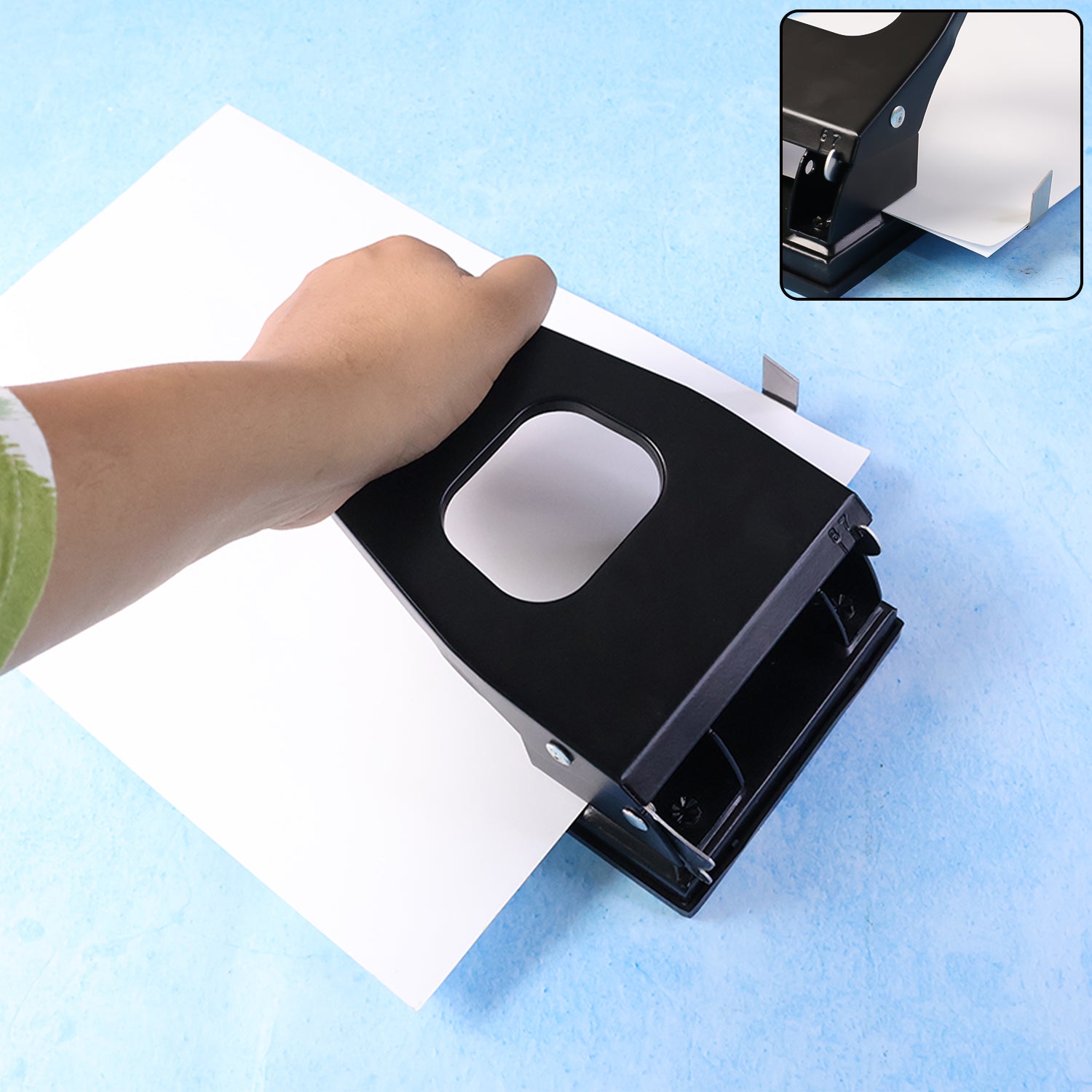 Wukusy heavy-duty metal 2-hole paper punch machine for office use, featuring a sturdy design and two punching holes.
