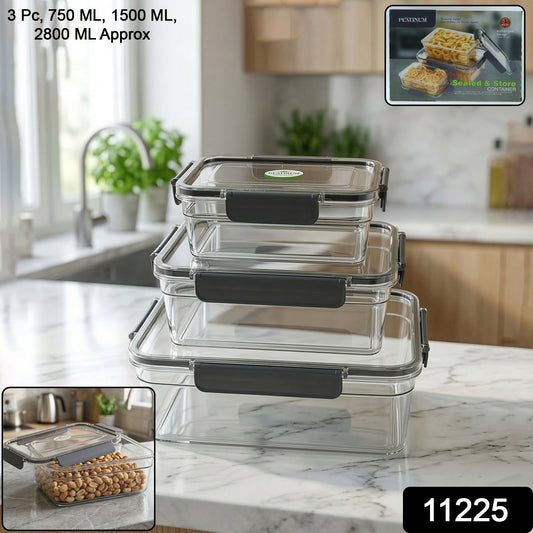 Set of three Wukusy plastic airtight food storage containers in 750ml, 1500ml, and 2800ml sizes with secure lids.