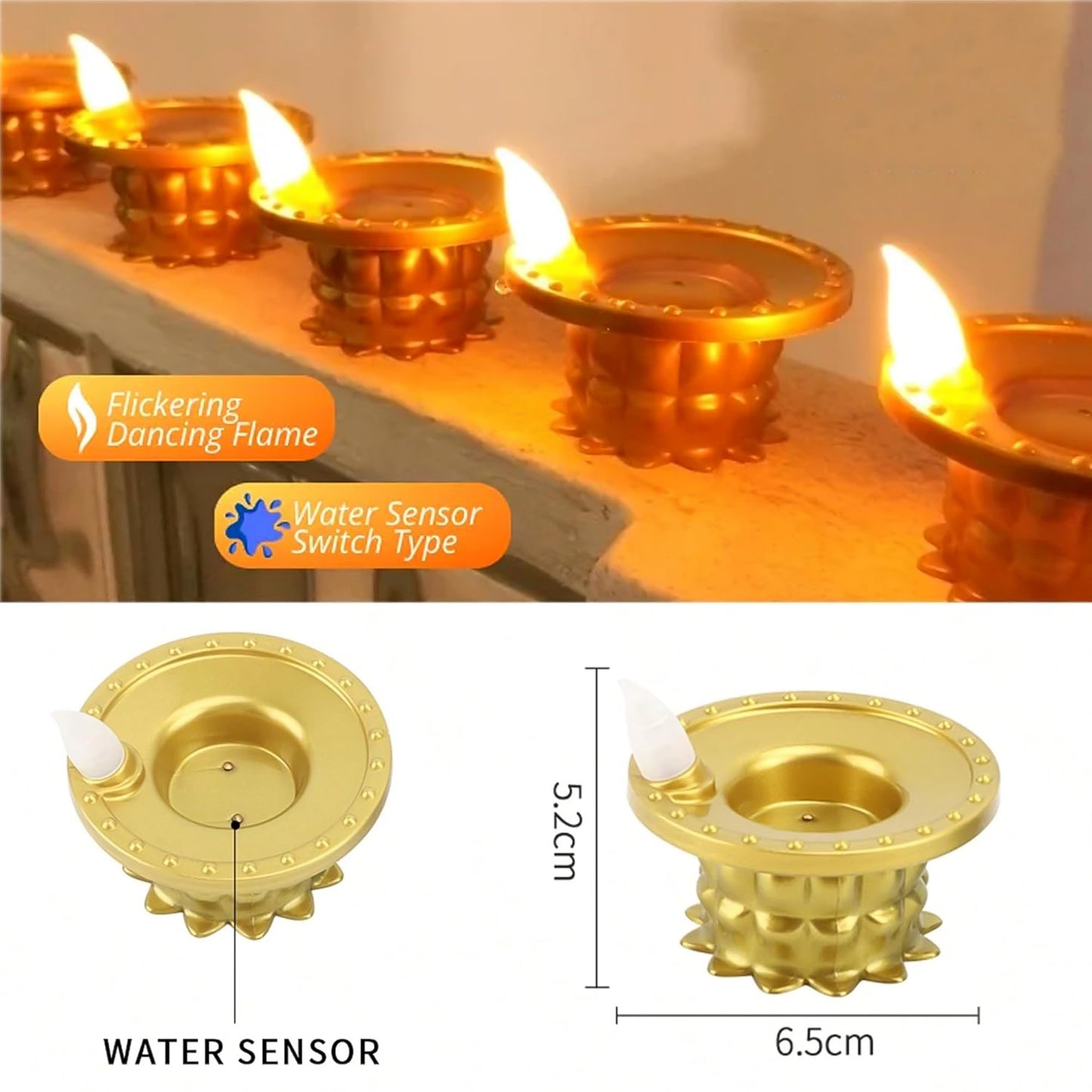 Set of 3 Wukusy water sensor LED golden diyas for home decor, featuring illuminated traditional diya designs on a decorative display.