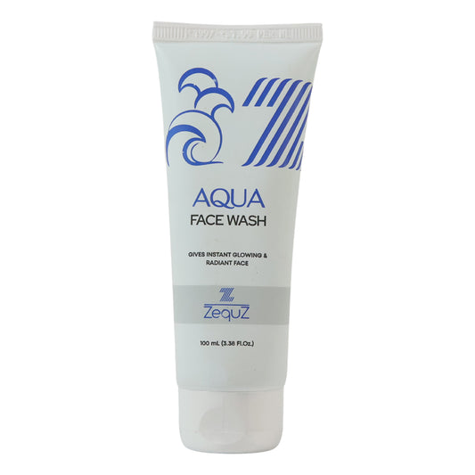 Wukusy Zequz Aqua Face Wash bottle, 100ml in clear packaging, suitable for daily skincare and refreshing facial cleansing.