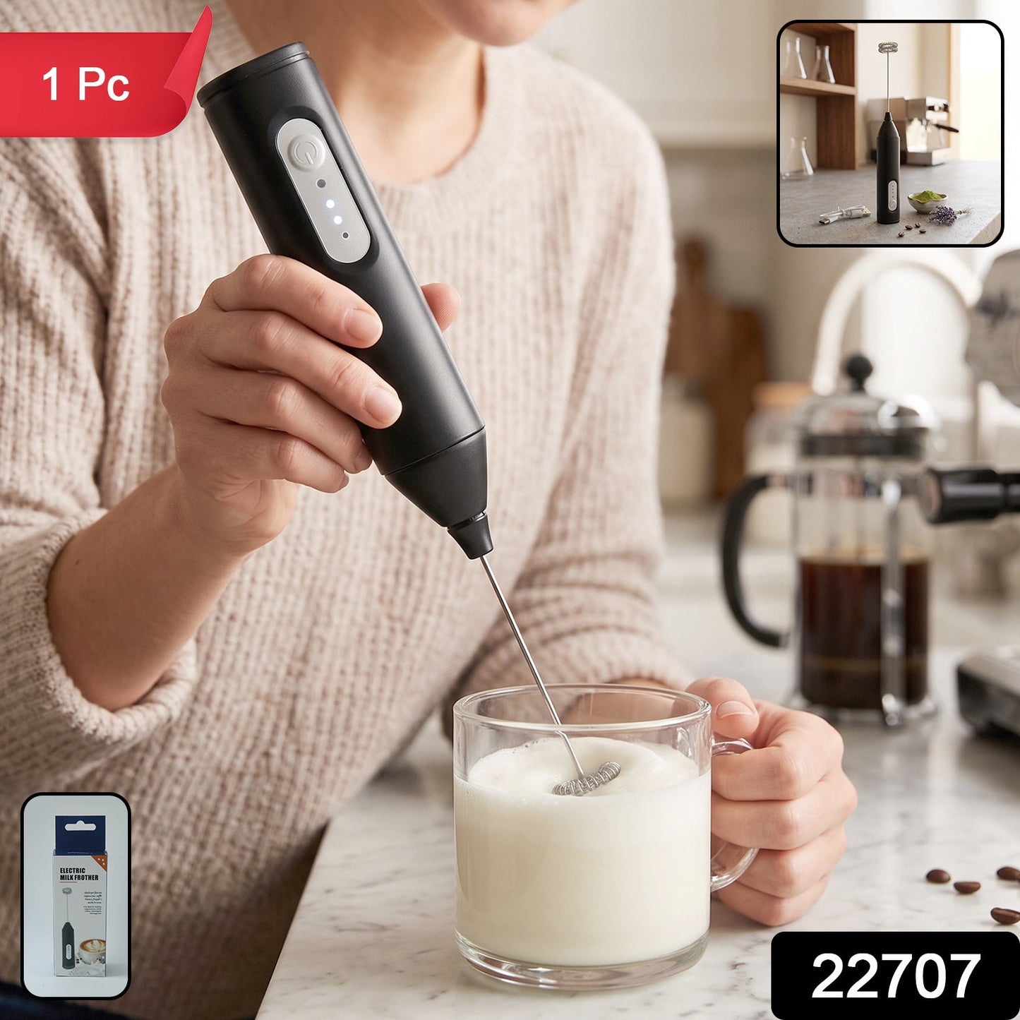 Wukusy handheld electric milk frother and whisk mixer for coffee foam, battery-operated, black and silver, with foam creating attachments