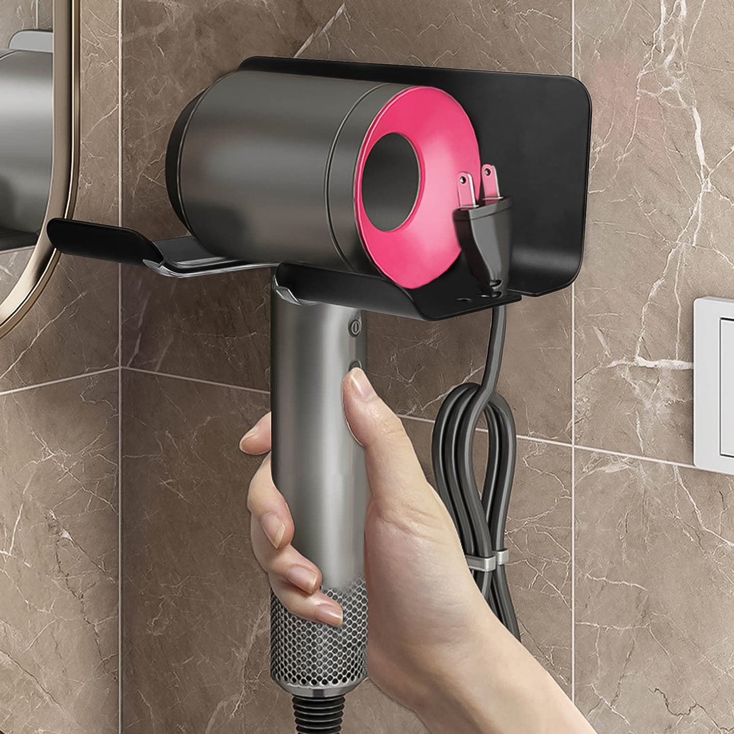 Wukusy wall-mounted plastic hair dryer holder with space for blow dryer and hair tools, ideal for bathroom or bedroom organization