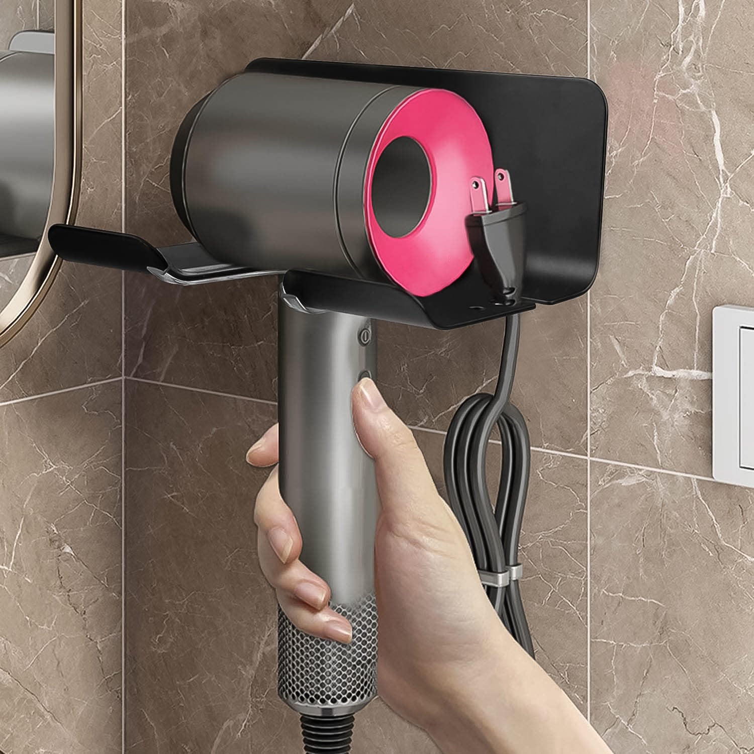 Wukusy wall-mounted plastic hair dryer holder with space for blow dryer and hair tools, ideal for bathroom or bedroom organization