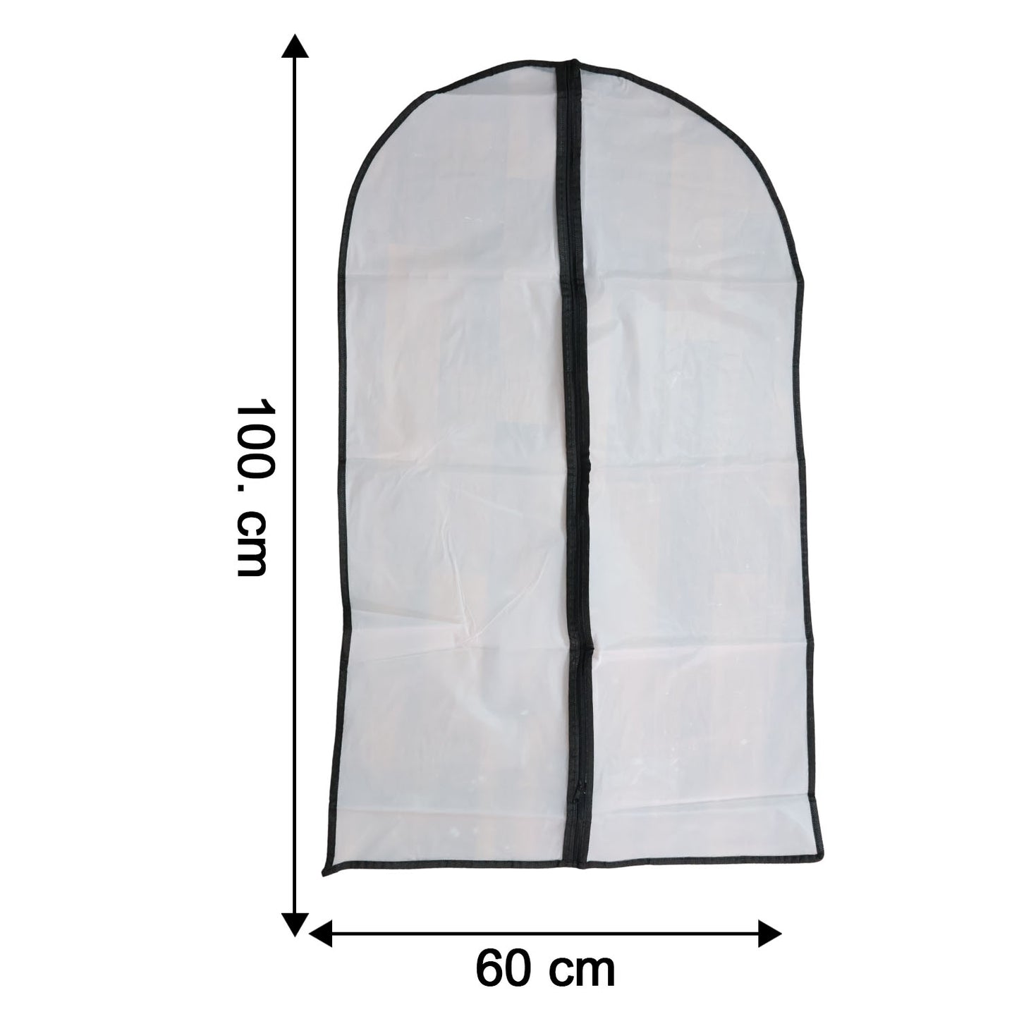 Transparent garment cover with front zipper by Wukusy, 100x60 cm, showing clear plastic material and zipper opening for clothing storage.