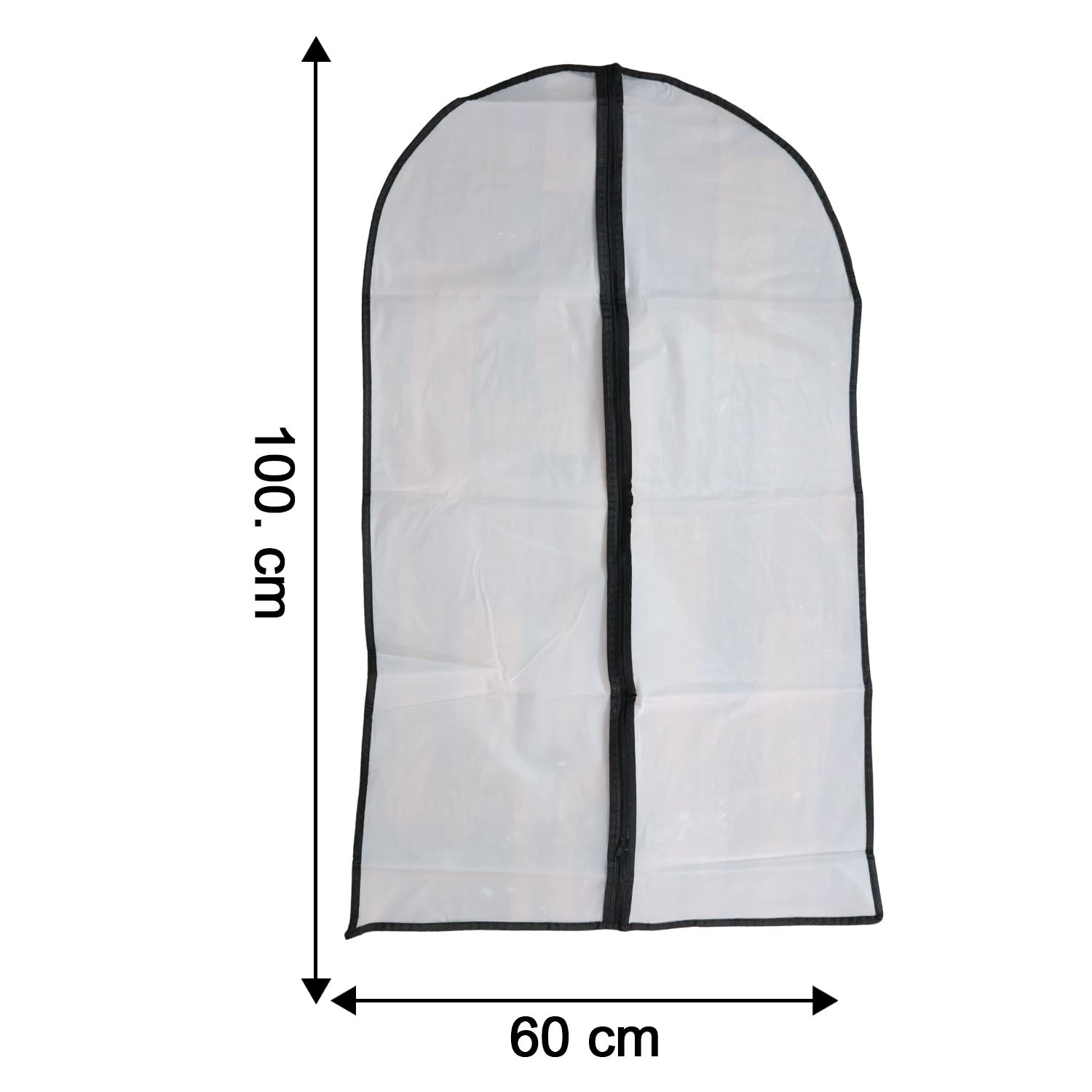 Transparent garment cover with front zipper by Wukusy, 100x60 cm, showing clear plastic material and zipper opening for clothing storage.