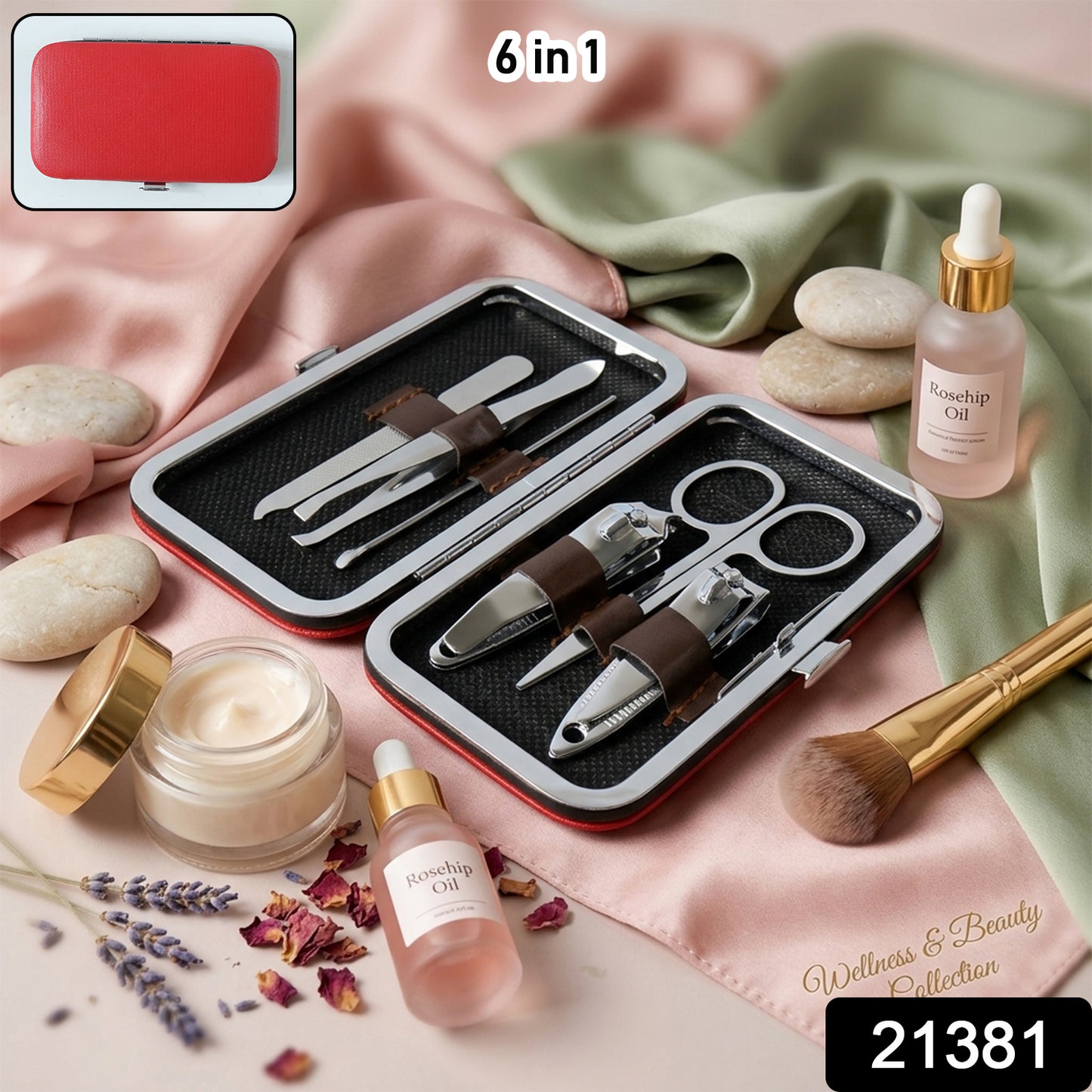 Wukusy 6-in-1 professional manicure and pedicure nail grooming kit with multiple tools arranged in a compact case.
