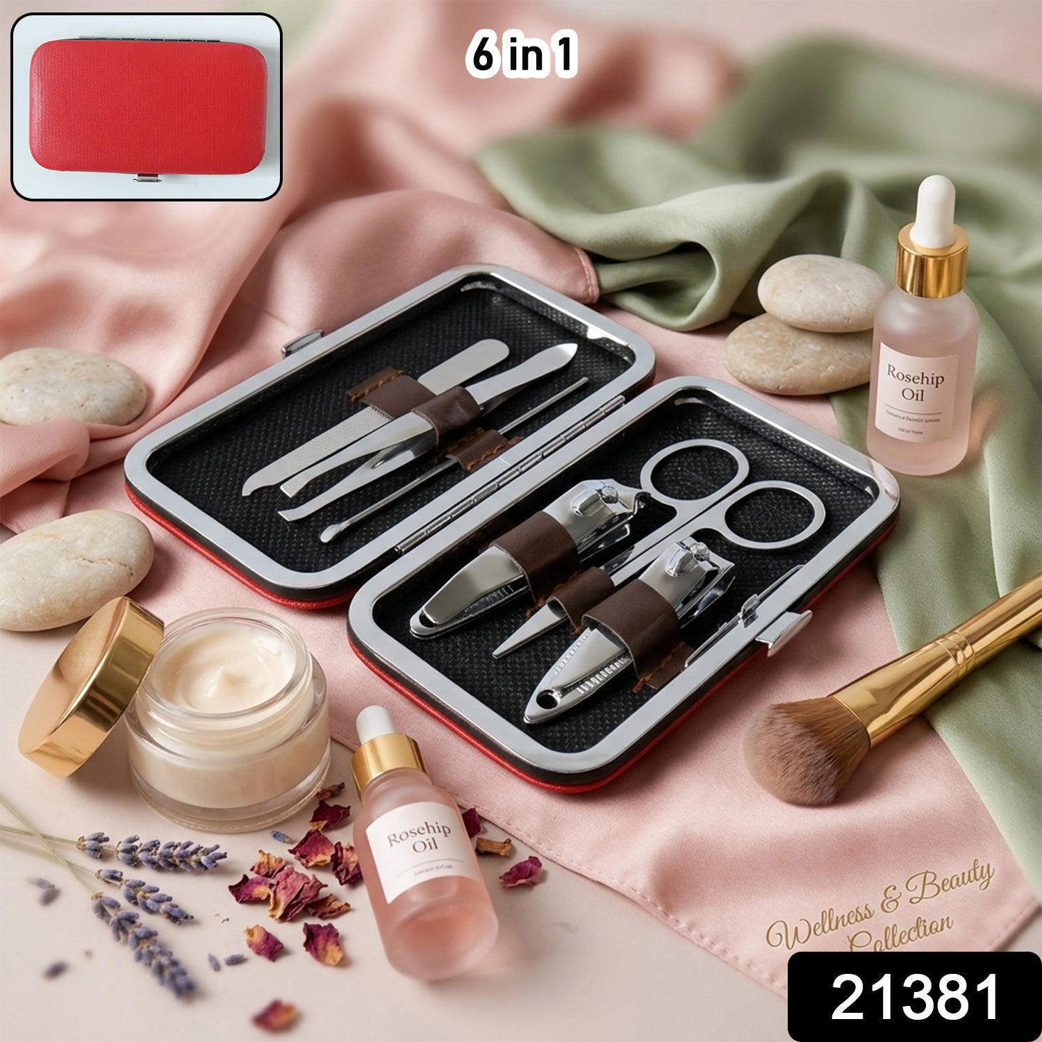 Wukusy 6-in-1 professional manicure and pedicure nail grooming kit with multiple tools arranged in a compact case.