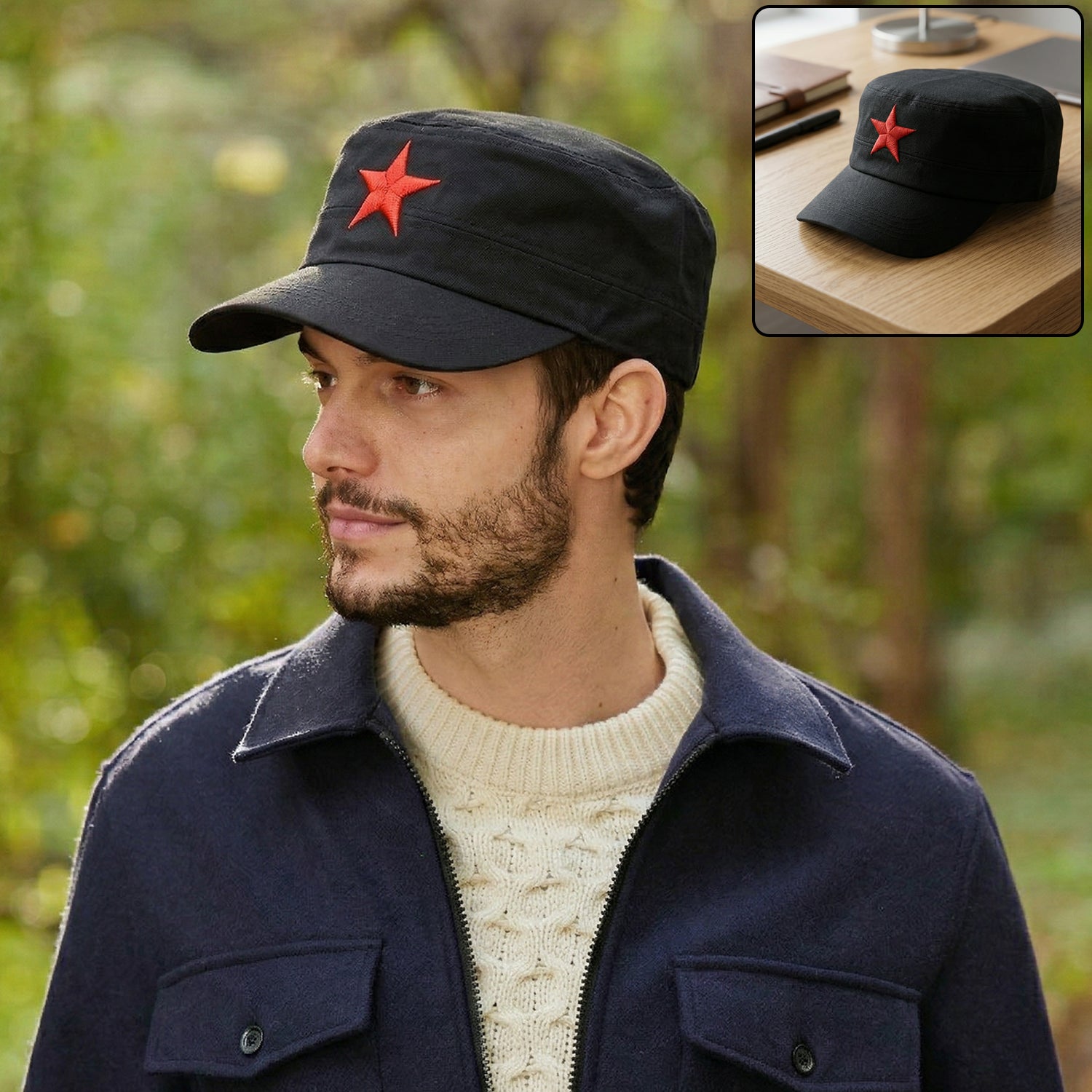 Red star military style cap by Wukusy, classic design with a structured brim and front red star emblem, casual headwear accessory.