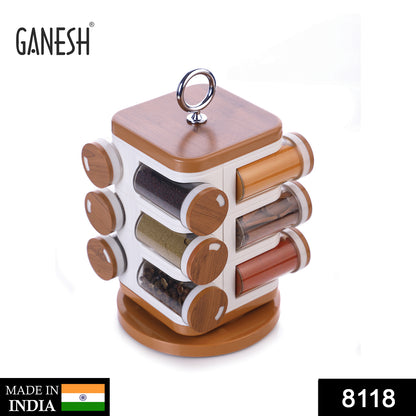Wukusy 8118 Ganesh 12-jar revolving spice rack with labeled masala boxes and a decorative Ganesh figure on top.