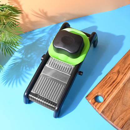 Wukusy Supermom Supreme adjustable slicer with stainless steel blades for precise vegetable and fruit slicing.