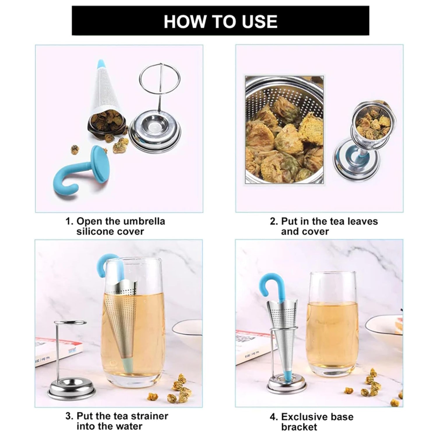 Wukusy reusable cute umbrella tea strainer with tray stand for brewing tea, made of stainless steel, suitable for home kitchen use
