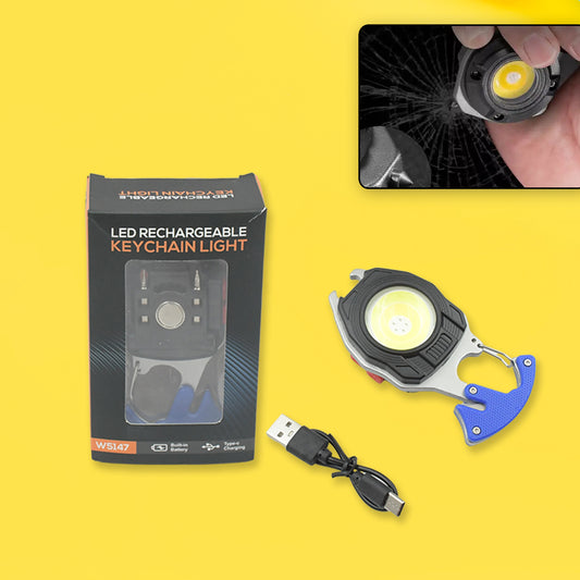 Wukusy 4339 keychain LED flashlight with rechargeable battery, 6 lighting modes, compact pocket-sized design for outdoor camping and walking.