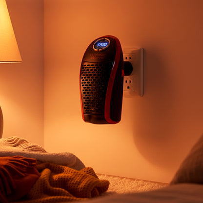 Wukusy Wonder Warm 400W wall plug room heater with remote control, suitable for office use, shown plugged into wall outlet.