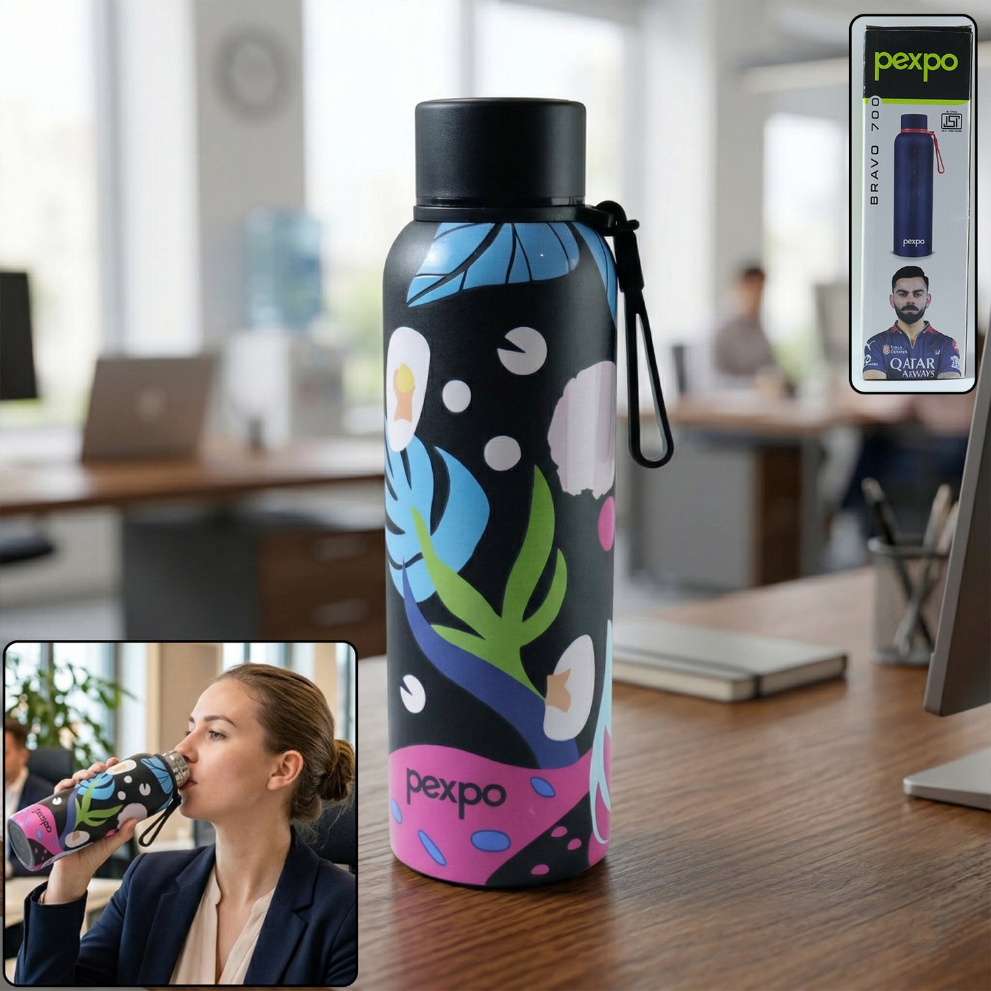 Wukusy Pexpo stainless steel printed water bottle, 800ml capacity, with colorful design and secure screw-on lid.