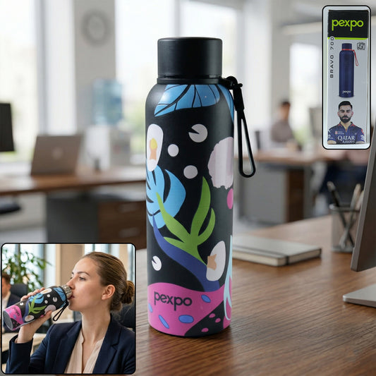 Wukusy Pexpo stainless steel printed water bottle, 800ml capacity, with colorful design and secure screw-on lid.
