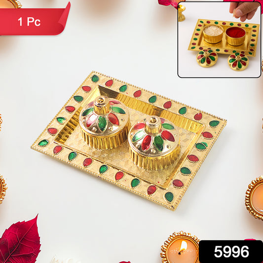 Wukusy Raksha Bandhan Puja Thali with kumkum holder and decorative design, ideal for Indian home decor and festive celebrations