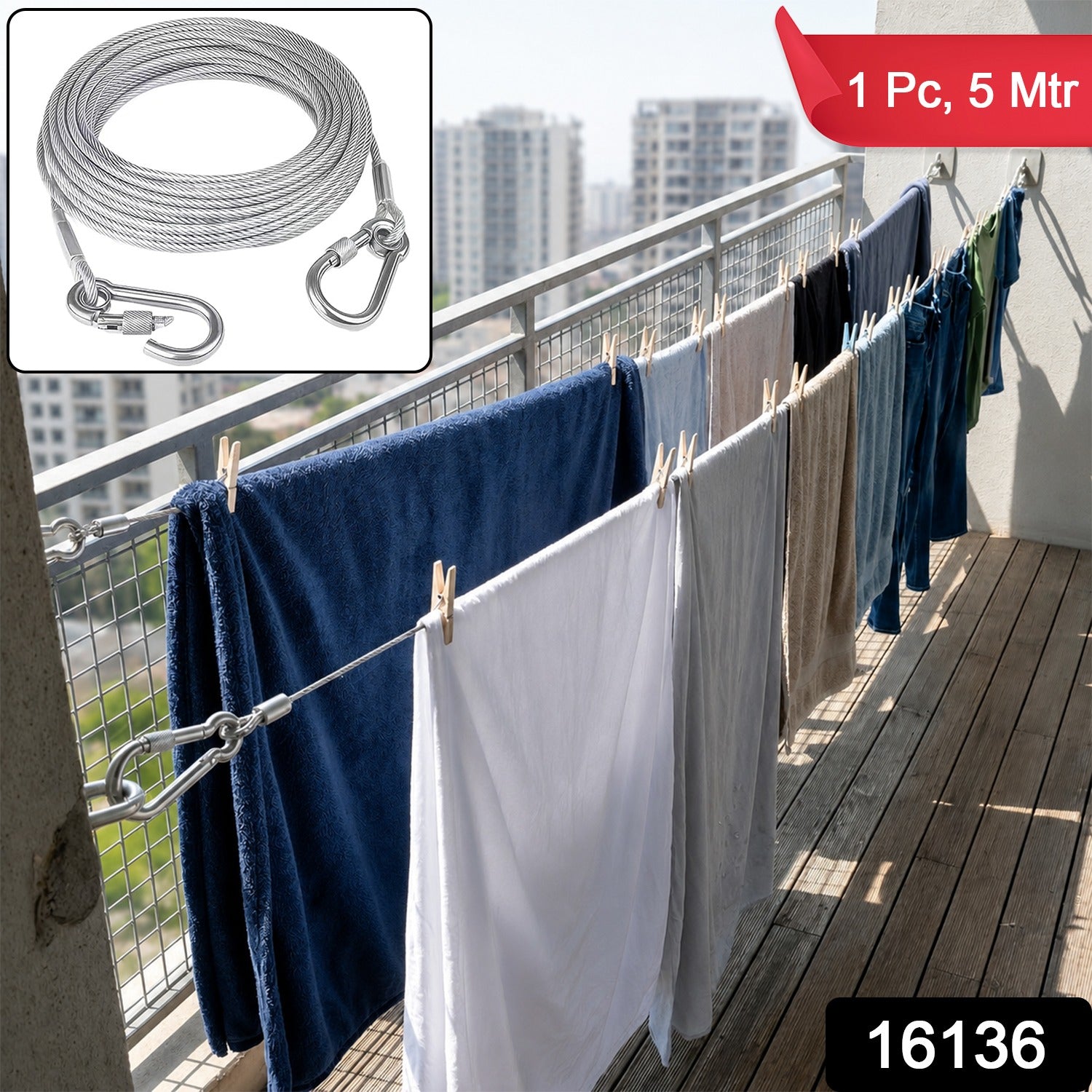 Wukusy heavy duty steel wire rope clothesline with 5 meters length and carabiner hooks for outdoor drying and hanging laundry.