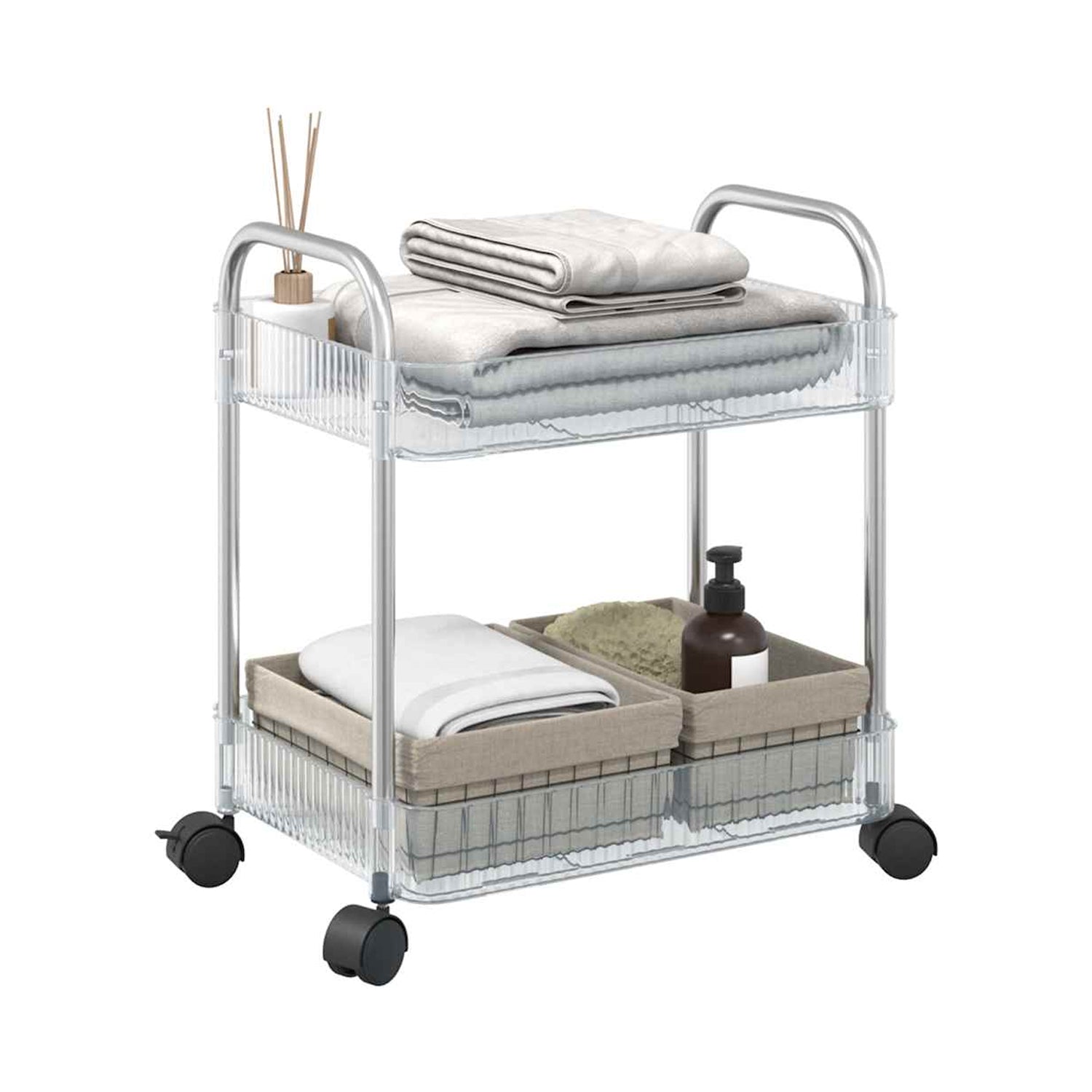 Wukusy 2-layer multipurpose storage trolley with wheels, featuring durable plastic shelves and swivel casters for easy mobility.