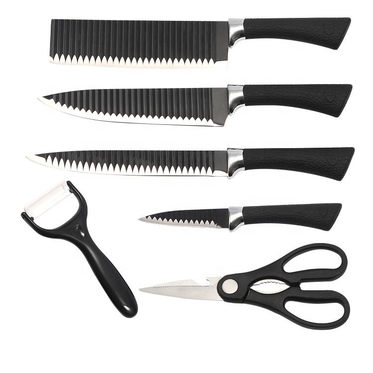 Wukusy 6-piece stainless steel knife set with chef peeler and scissors for home and kitchen use.