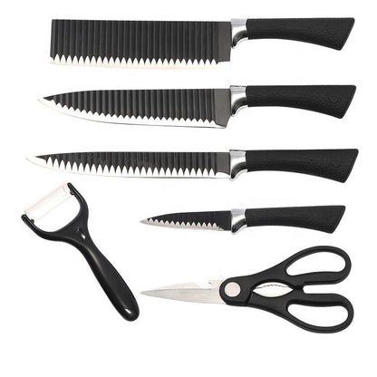 Wukusy 6-piece stainless steel knife set with chef peeler and scissors for home and kitchen use.